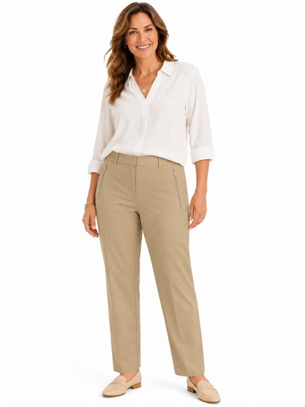 JM Collection Khaki Tan Flat Front Comfort Waist Casual Pant Womens Plus Size 16